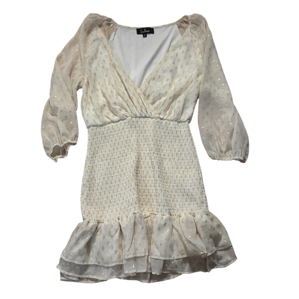 Lulus All The Cheers Cream and Gold Dotted Smocked Mini Dress Womens Size Medium - Picture 2 of 6